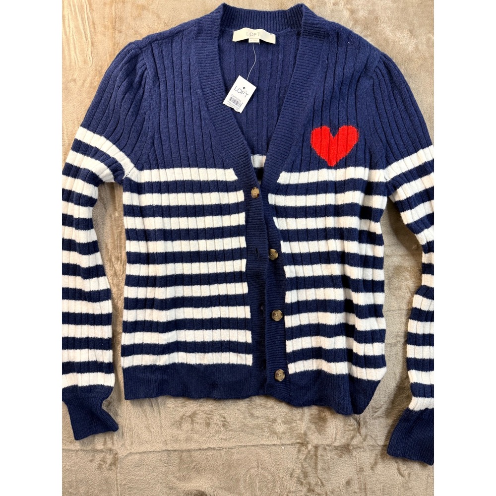 LOFT Navy White Striped Heart Cardigan Sweater NWT Coastal Nautical Preppy